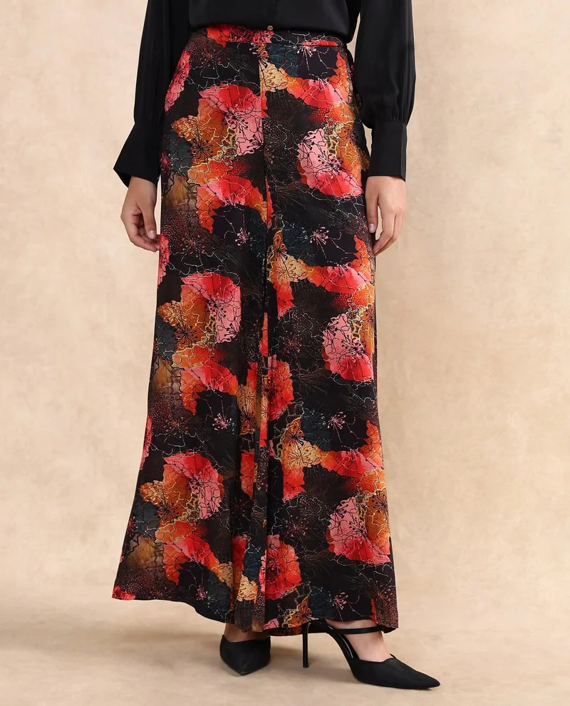 Rareism Women's Floral Printed Flared Ankle-Length Trousers