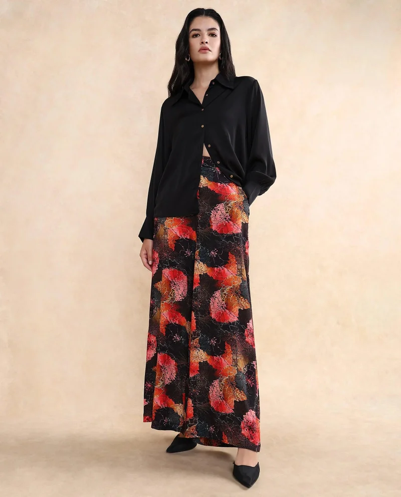 Rareism Women's Floral Printed Flared Ankle-Length Trousers