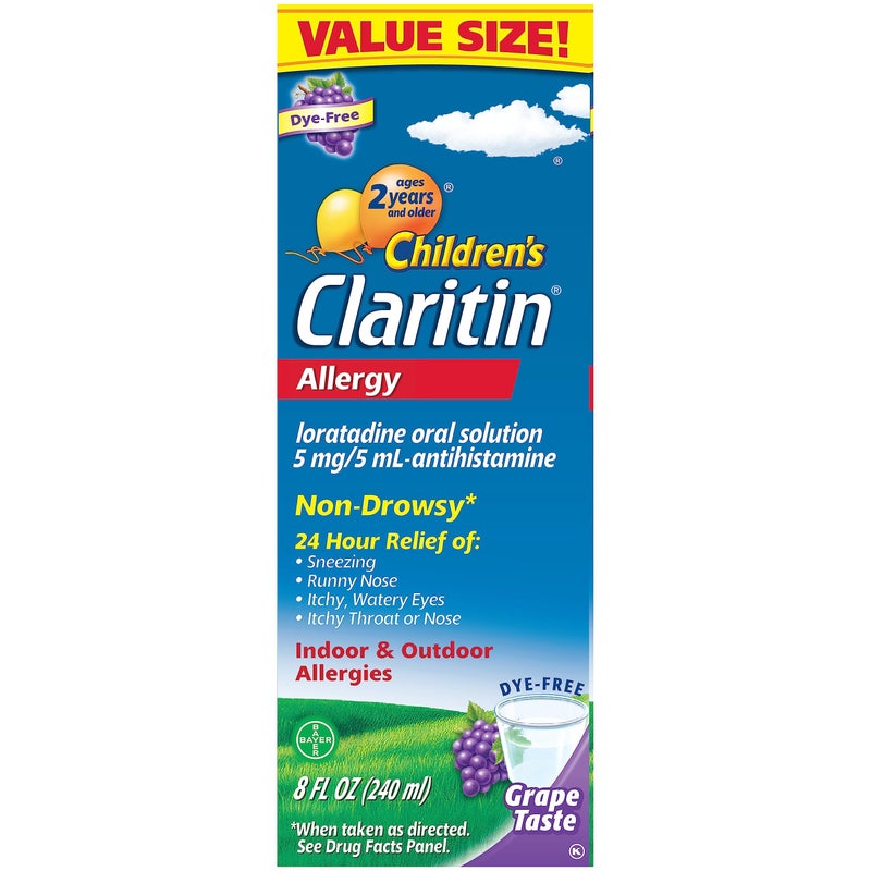 Claritin كلاريتين 24 ساعة لتخفيف الحساسية - بنكهة العنب - مضاد الهيستامين السائل غير المسبب للنعاس للأطفال، خالي من الأصباغ والكحول والسكر للأطفال من عمر 2 سنة وما فوق - Image 1