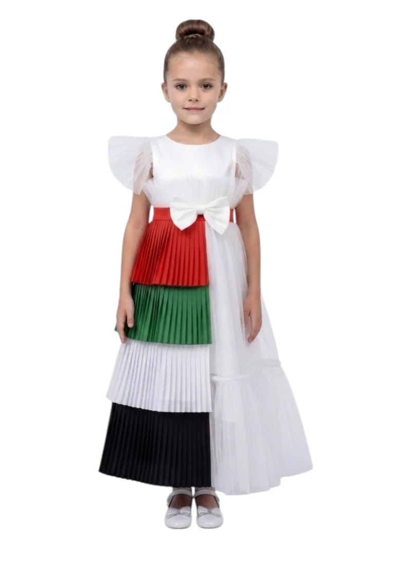 دىدانيالا Girls Ruffle Sleeve Occasion Maxi Dress with Removable UAE Flag Half-Skirt