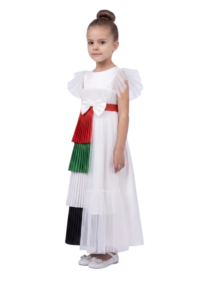دىدانيالا Girls Ruffle Sleeve Occasion Maxi Dress with Removable UAE Flag Half-Skirt
