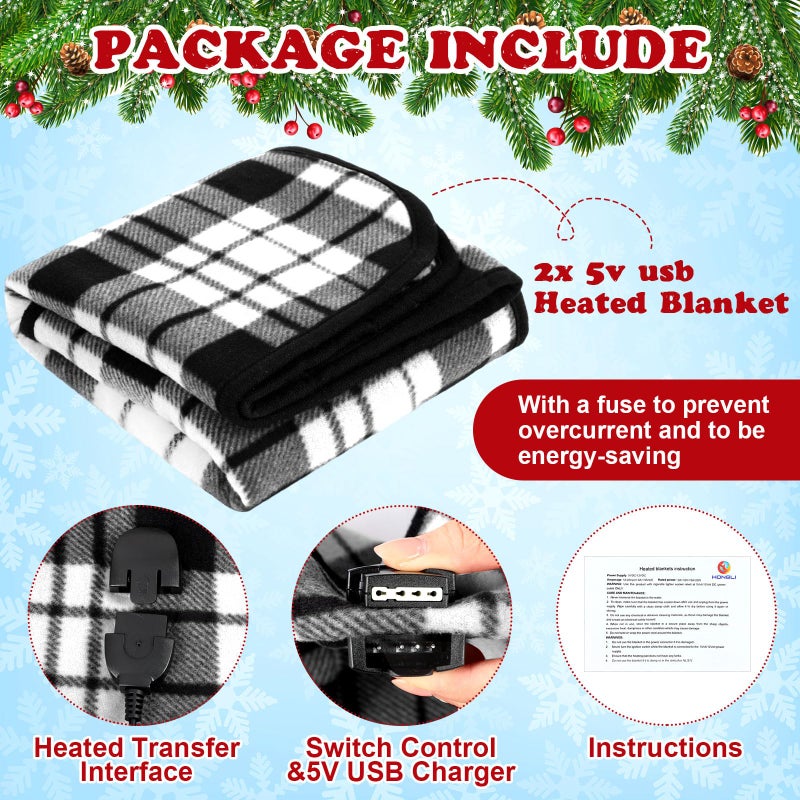 Tuanse 2 Pcs USB Heated Blanket 25"x35" Small Portable 5v 3 Setting Electric Blanket with Timer and Temperature Controller Winter Wearable Recharge Throw for Travel Home(White and Black Stripes) - Image 4