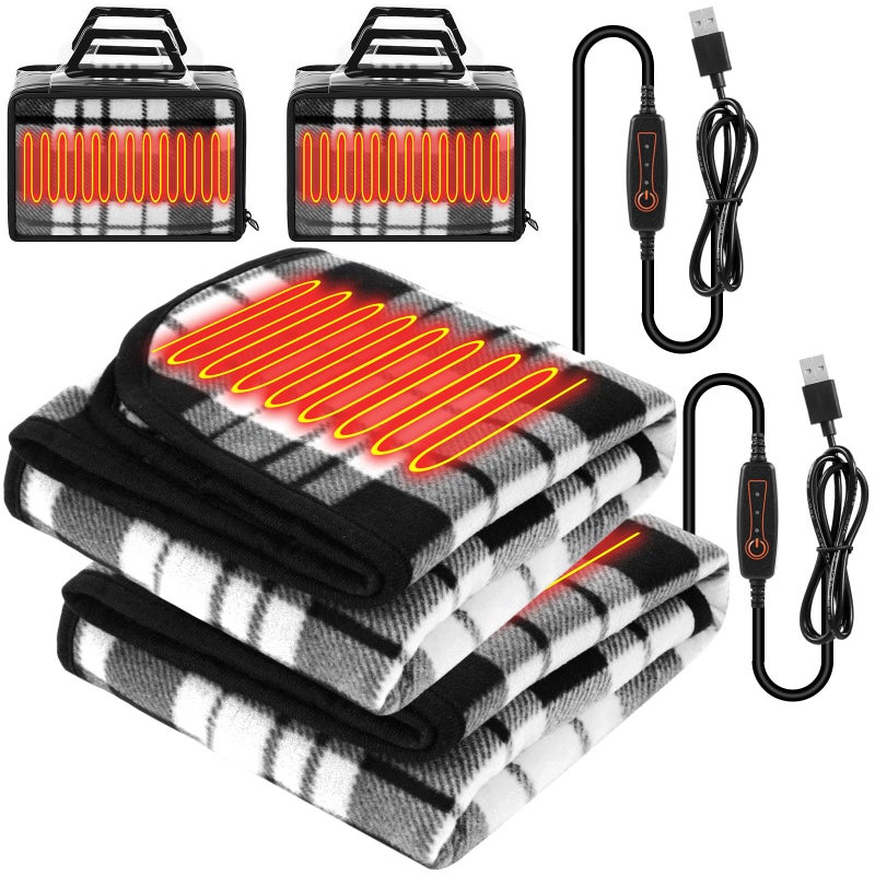 Tuanse 2 Pcs USB Heated Blanket 25"x35" Small Portable 5v 3 Setting Electric Blanket with Timer and Temperature Controller Winter Wearable Recharge Throw for Travel Home(White and Black Stripes) - Image 1