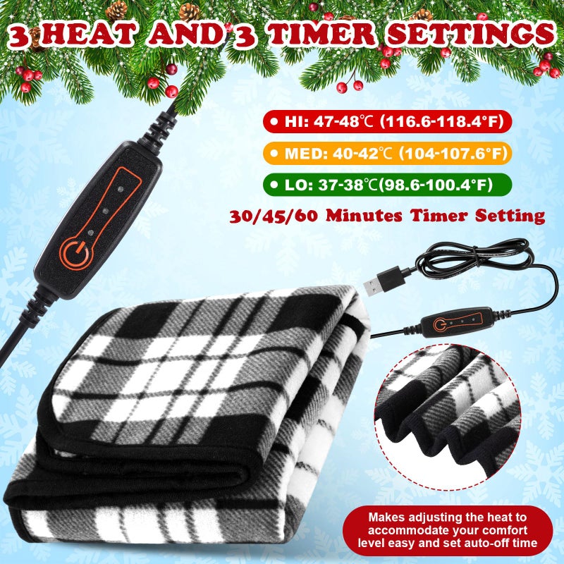 Tuanse 2 Pcs USB Heated Blanket 25"x35" Small Portable 5v 3 Setting Electric Blanket with Timer and Temperature Controller Winter Wearable Recharge Throw for Travel Home(White and Black Stripes) - Image 3