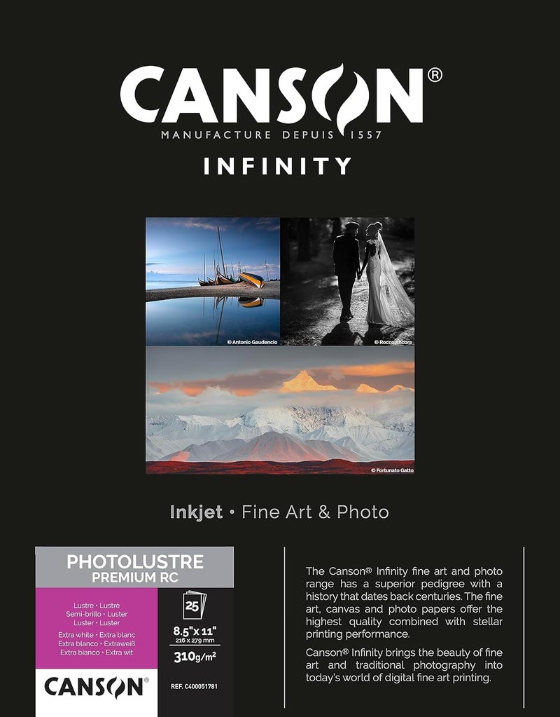 CANSON ورق تصوير كانسون إنفينيتي فوتو لوستر بريميوم للتكبيرات بالأبيض والأسود واللون 310 جرام 85 × 11 بوصة 25 ورقة - Image 1