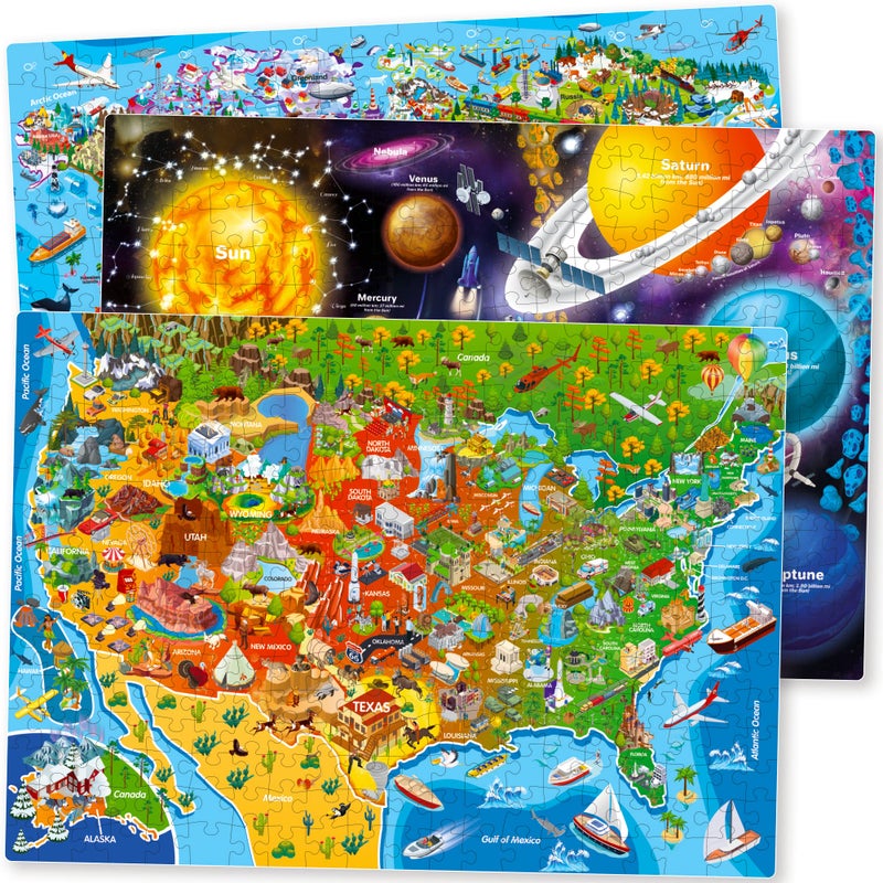 QUOKKA Puzzles for Kids Ages 46 3 Set 300 Piece Puzzles for Kids 68 Learning Map of The United States World Space Puzzle Educational Games for Kid 810 Toys for 12 Year Old Boys and Girls