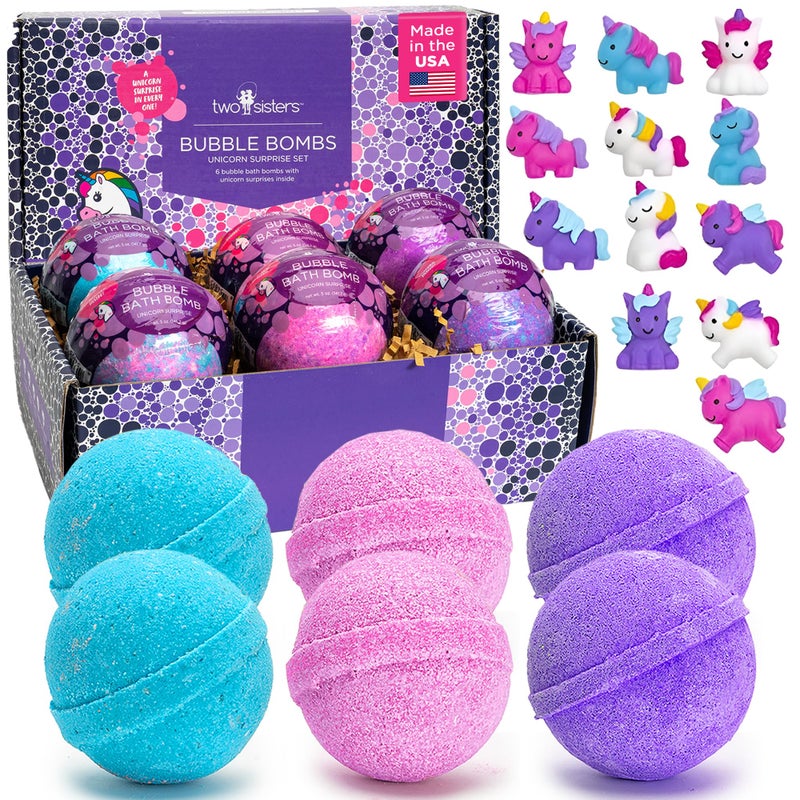Unicorn Bath Bombs for Girls with Surprise Toys Inside 6 Pack Large Bubble Bomb for Kids Gentle and Safe Made in USA Fizzies Fruity Scents Wont Stain Tub Ideal Gift by Two Sisters