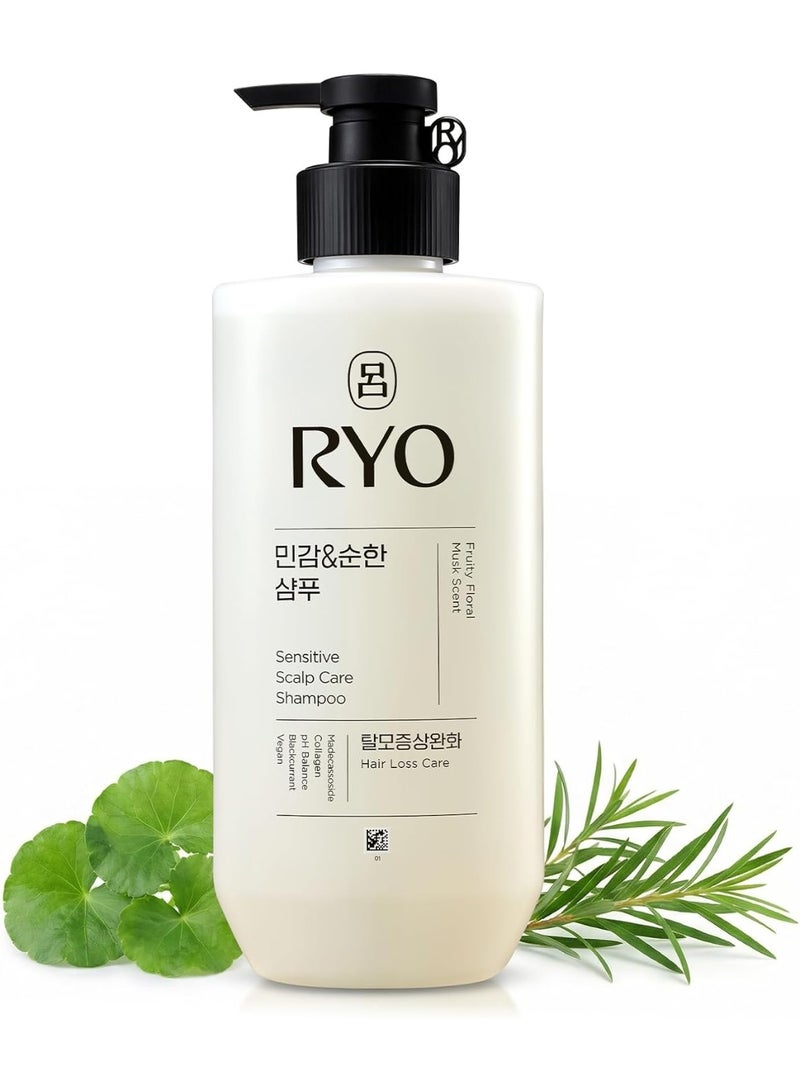 RYO Sensitive Scalp Care Shampoo 480ml, Korean Ginseng & Caffeine Shampoo for All Hair Types, Gentle Scalp Care, Soothing Feel & Stronger-Looking Hair