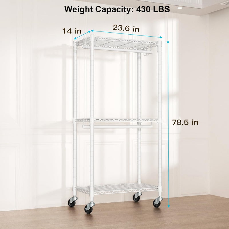 FUTASSI P3 Mini Rolling Clothes Rack, Clothing Racks for Hanging Clothes, Heavy Duty Garment Rack, Freestanding Portable Closet Rack 23.6'' W x 14'' D x 78.5'' H, Max Load 430 Lbs, White - Image 4