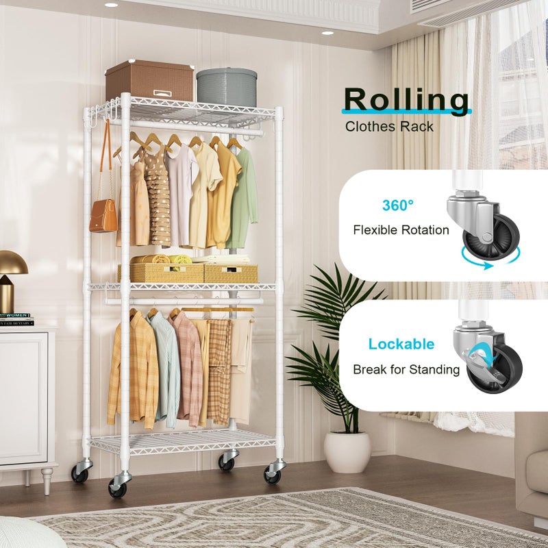 FUTASSI P3 Mini Rolling Clothes Rack, Clothing Racks for Hanging Clothes, Heavy Duty Garment Rack, Freestanding Portable Closet Rack 23.6'' W x 14'' D x 78.5'' H, Max Load 430 Lbs, White - Image 2