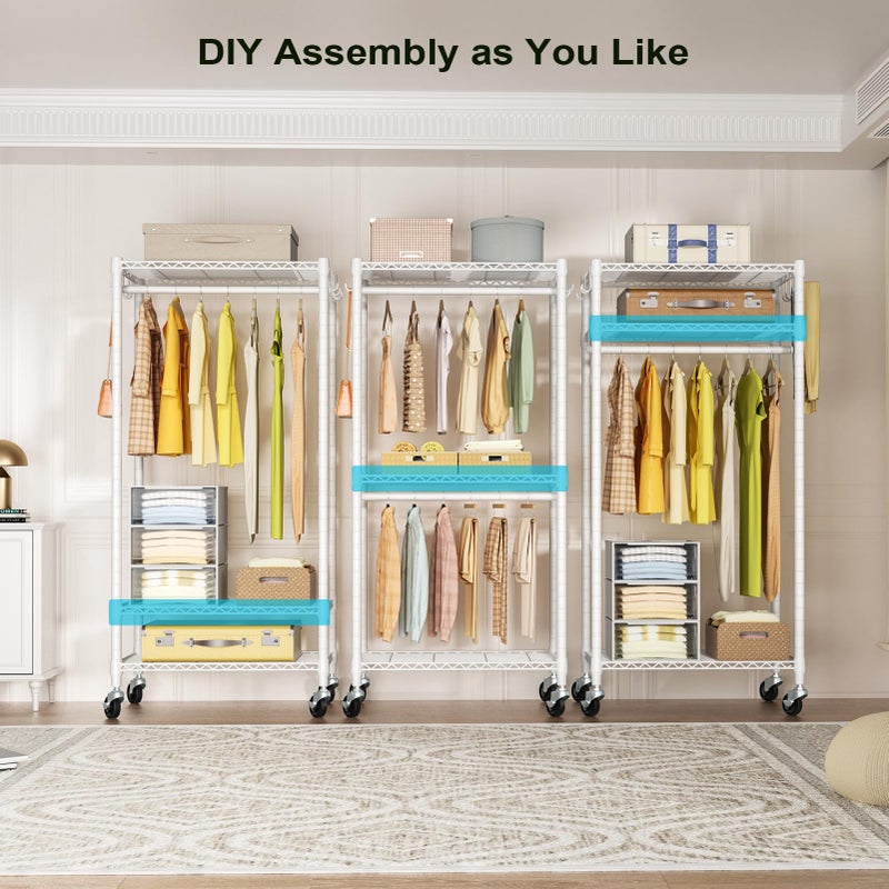 FUTASSI P3 Mini Rolling Clothes Rack, Clothing Racks for Hanging Clothes, Heavy Duty Garment Rack, Freestanding Portable Closet Rack 23.6'' W x 14'' D x 78.5'' H, Max Load 430 Lbs, White - Image 3
