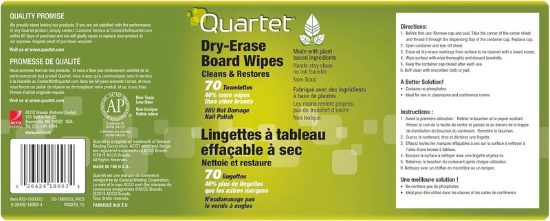 Quartet Dry Erase Cleaning Wipes 70 Sheets NonToxic Disposable Whiteboard Wipes LowOdor 52180032Q70 Wipes - Image 3