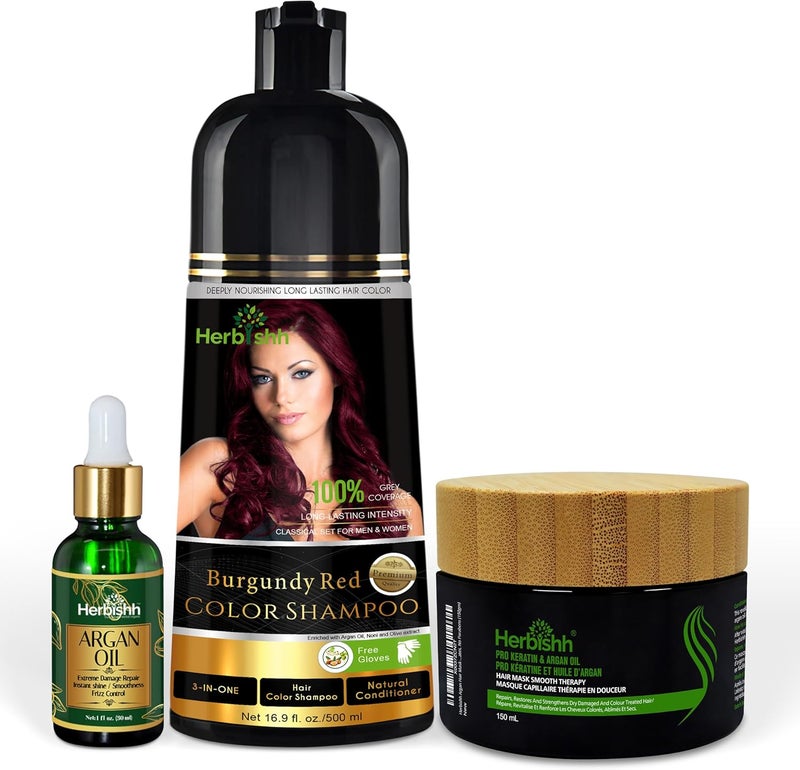 Herbishh After Color Shampoo Combo - Burgundy Hair Color Shampoo 500 ml, Argan Oil 30 ml & Hair Mask 150 ml - Image 1