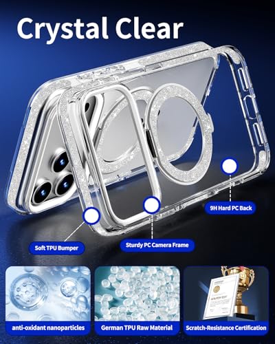 COOLQO Magnetic for iPhone 17 Pro Max Case 360° Spin Stand, Fit for MagSafe, Military Grade Drop Protection, Anti-Yellowing, Glitter Shiny Sparkle Shockproof Case for iPhone 17 Pro Max 6.9", Silver - Image 5
