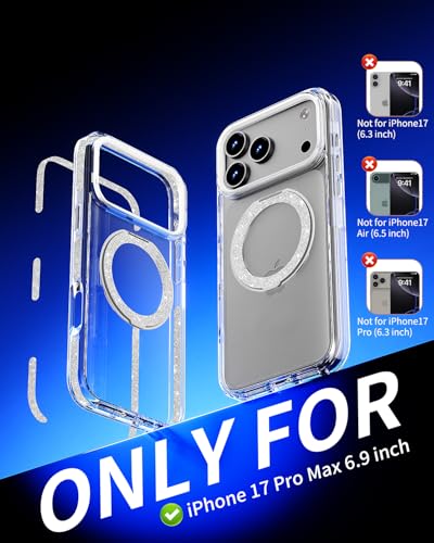 COOLQO Magnetic for iPhone 17 Pro Max Case 360° Spin Stand, Fit for MagSafe, Military Grade Drop Protection, Anti-Yellowing, Glitter Shiny Sparkle Shockproof Case for iPhone 17 Pro Max 6.9", Silver - Image 3