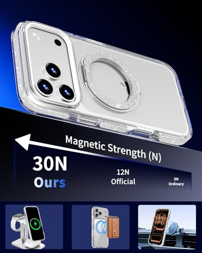 COOLQO Magnetic for iPhone 17 Pro Max Case 360° Spin Stand, Fit for MagSafe, Military Grade Drop Protection, Anti-Yellowing, Glitter Shiny Sparkle Shockproof Case for iPhone 17 Pro Max 6.9", Silver - Image 4