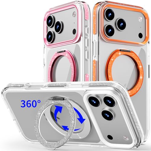 COOLQO Magnetic for iPhone 17 Pro Max Case 360° Spin Stand, Fit for MagSafe, Military Grade Drop Protection, Anti-Yellowing, Glitter Shiny Sparkle Shockproof Case for iPhone 17 Pro Max 6.9", Silver - Image 1
