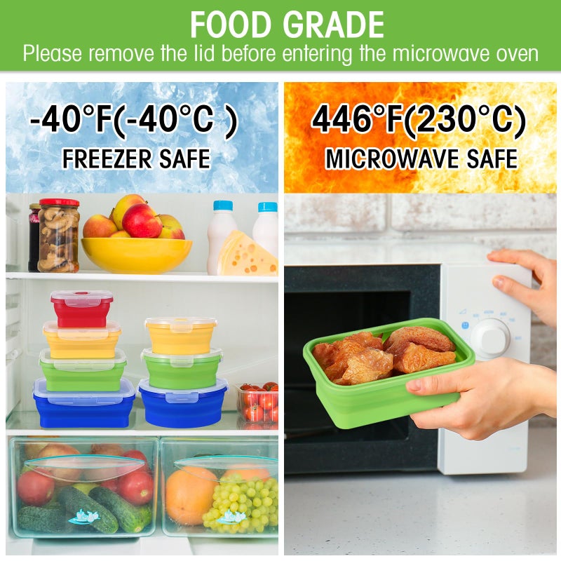Yaomiao 16 Pack Collapsible Food Storage Containers with Lid Foldable 8 Pcs Rectangle Storage Bowl and 8 Pcs Round Silicone Food Bow for Lunch Rv Accessories Microwave Freezer Safe(Bright Colors) - Image 4