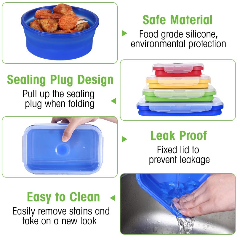 Yaomiao 16 Pack Collapsible Food Storage Containers with Lid Foldable 8 Pcs Rectangle Storage Bowl and 8 Pcs Round Silicone Food Bow for Lunch Rv Accessories Microwave Freezer Safe(Bright Colors) - Image 3