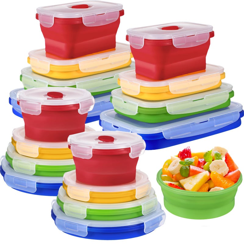 Yaomiao 16 Pack Collapsible Food Storage Containers with Lid Foldable 8 Pcs Rectangle Storage Bowl and 8 Pcs Round Silicone Food Bow for Lunch Rv Accessories Microwave Freezer Safe(Bright Colors) - Image 1