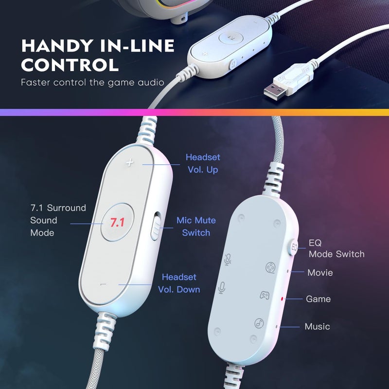 فيفين سماعة رأس USB للألعاب من ، سماعات سلكية للكمبيوتر/اللابتوب مع ميكروفون، سماعة رأس فوق الأذن مع إضاءة RGB وصوت محيطي 7.1، إلغاء الضوضاء للبث وألعاب الفيديو - AmpliGame H6 (أبيض) - Image 3