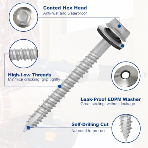 FMhotu Metal Roofing Screws #14×2-1/2Inch, 320-PCS, Hex Head Rustpert Coating Sheet Metal to Wood Siding Screw with EPDM Rubber Washer, Sharp Point, Hex Socket Included - Image 2