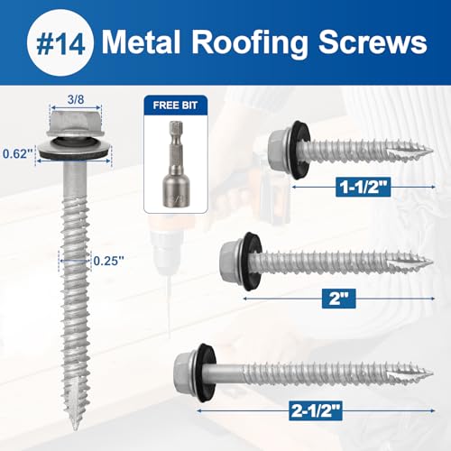 FMhotu Metal Roofing Screws #14×2-1/2Inch, 320-PCS, Hex Head Rustpert Coating Sheet Metal to Wood Siding Screw with EPDM Rubber Washer, Sharp Point, Hex Socket Included - Image 4