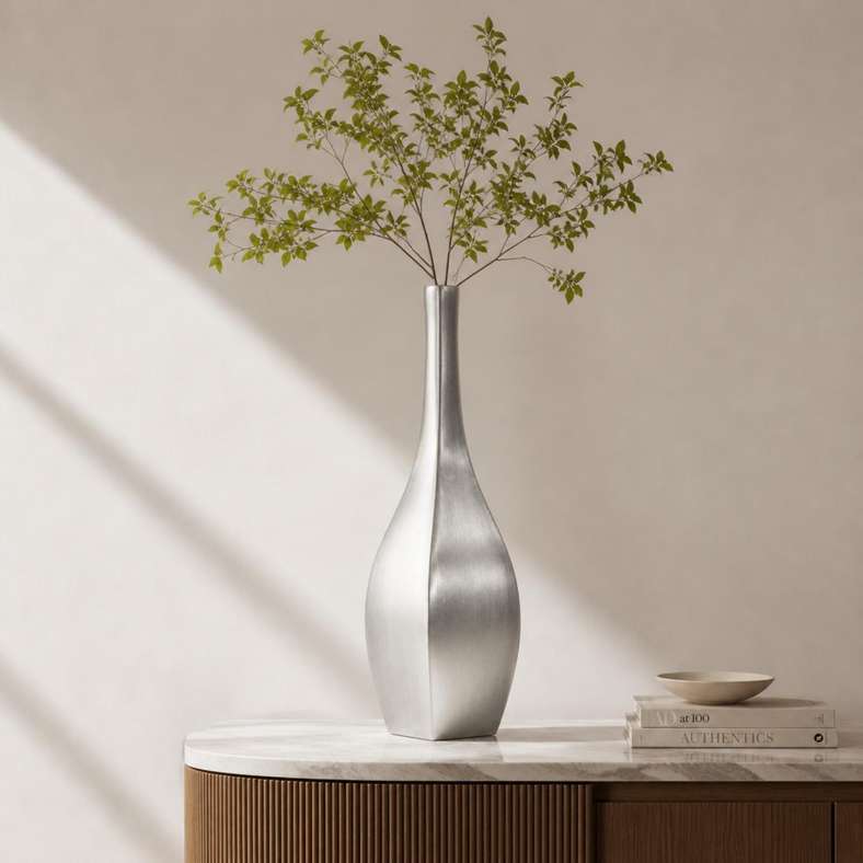 Pan Home Hearth Metal Flute Vase 17x17x67cm - Silver - 112ZAM9900014 - Image 1