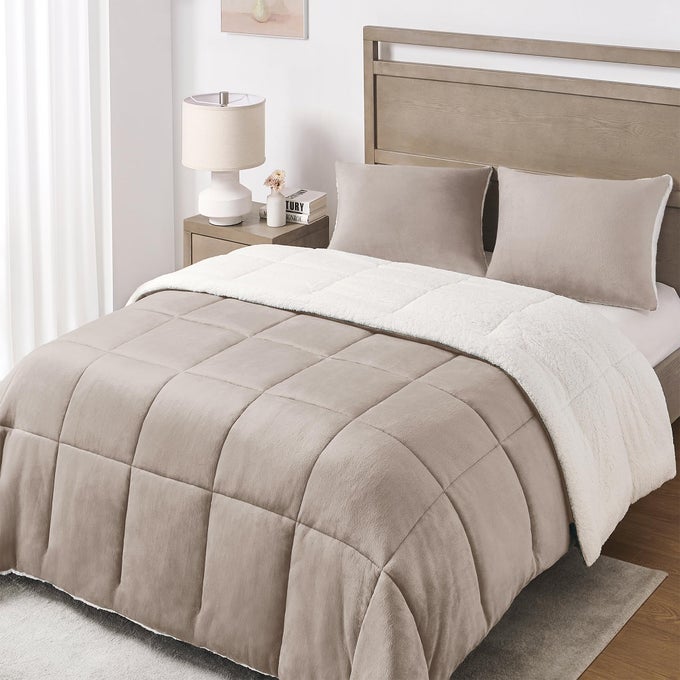 QUEEN COMFORTER SET LUXURY FLEECE SHERPA COMFORTER SETS FOR QUEEN BED SOFT AND WARM QUEEN SIZE BEDDING COMFORTER SET FOR WINTER SAND 88X88