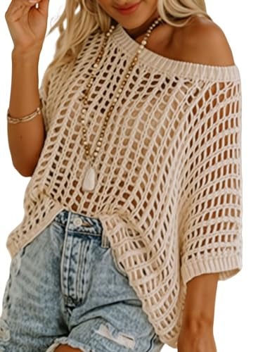 Dokotoo Womens Summer Crochet Hollow Out Sweaters Top Spring Crew Neck Short Sleeve Pullover Shirt Lightweight Knit Sweater Blouse Vacation Outfits for Women Apricot XXX-Large - Image 1