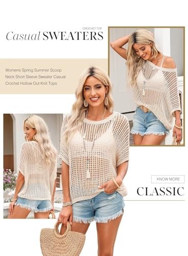 Dokotoo Womens Summer Crochet Hollow Out Sweaters Top Spring Crew Neck Short Sleeve Pullover Shirt Lightweight Knit Sweater Blouse Vacation Outfits for Women Apricot XXX-Large - Image 4