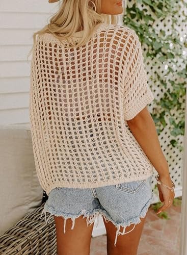 Dokotoo Womens Summer Crochet Hollow Out Sweaters Top Spring Crew Neck Short Sleeve Pullover Shirt Lightweight Knit Sweater Blouse Vacation Outfits for Women Apricot XXX-Large - Image 2