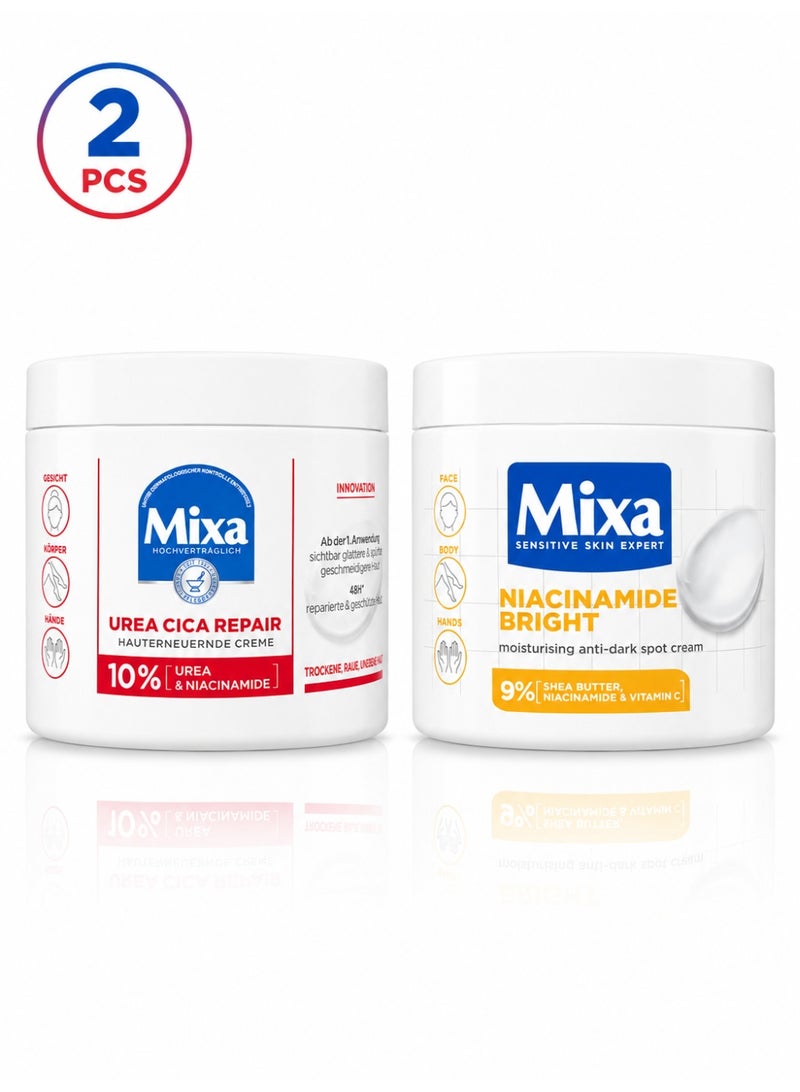 Mixa Complete Skin Hydration, Barrier Repair & Brightening Duo – Urea Cica Repair 10% + Niacinamide Bright 9%, Face, Body & Hands, 2 x 400ml - Image 1