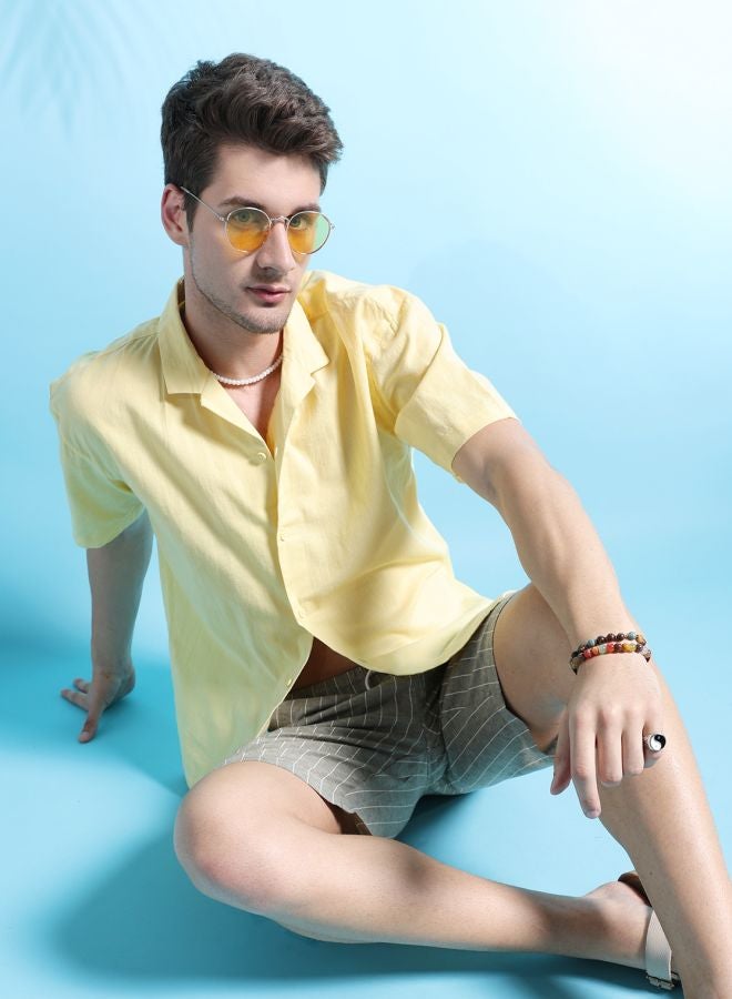 The Indian Garage Co Men Relaxed Fit Solid Half Sleeves Cuban Collar Resort Wear Shirt  - Image 1