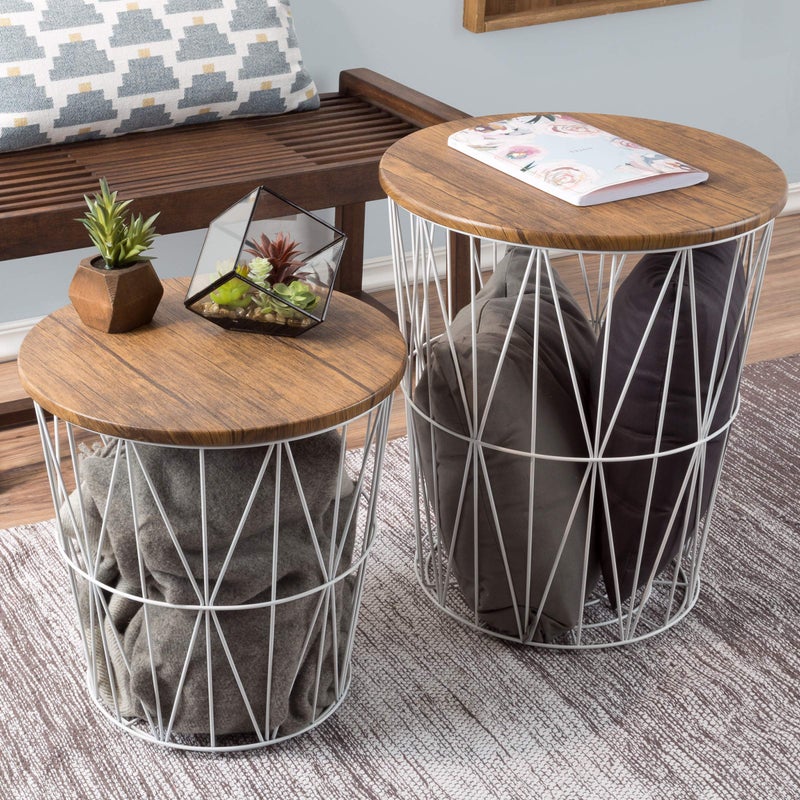 Lavish Home End Tables Set of 2  Nesting Tables with Removable Wood Tops and Metal Basket Bases for Blanket Storage  Round Side Furniture for Living Room Bedroom or Home Office by Lavish Home BrownWhite 