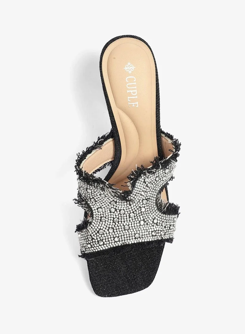 Cuple Black Crystal Denim Sculpted Heel Mule for Women | Best Price UAE