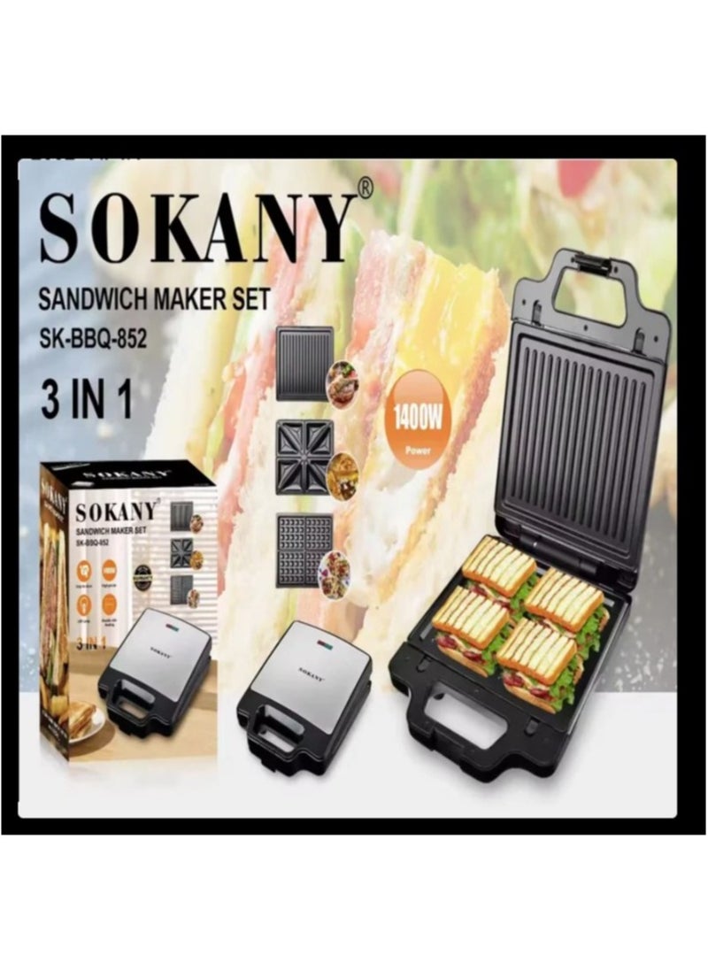 sokany - 3-in-1 sandwich maker (grill, toast, waffle), double-sided heating, large size, 1400 watts - Image 1
