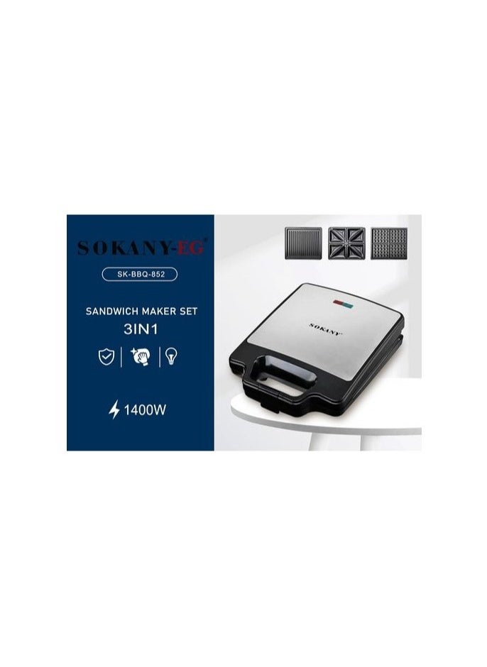 sokany - 3-in-1 sandwich maker (grill, toast, waffle), double-sided heating, large size, 1400 watts - Image 1