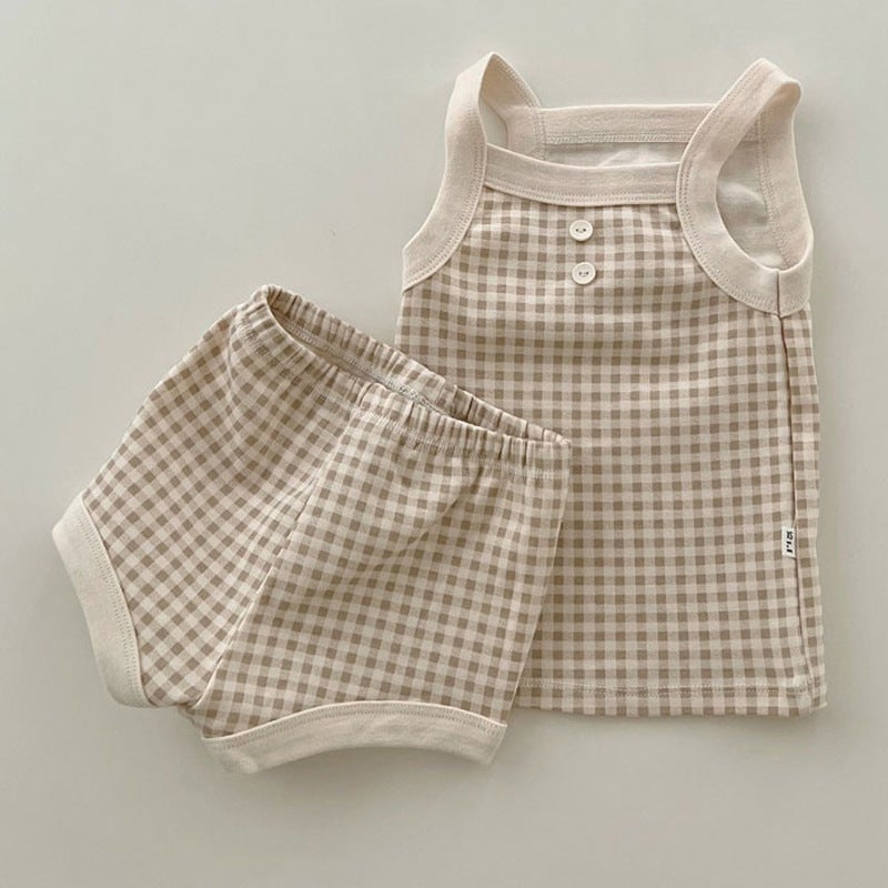 Summer Cotton Baby Vest and Shorts Set Plaid khakis 