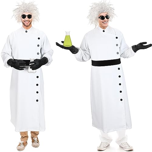 Jiuguva 9 Pcs Halloween Mad Scientist Costume for Adult Men Including Coat Belt Cup Gloves Goggles Wig Mustache Eyebrows(X-Large) Black - Image 4