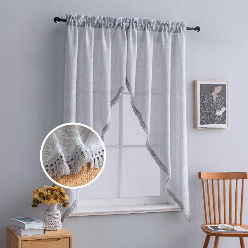 Beda Home Tassel LinenTexturedSwag Curtain Valance for Farmhouses Kitchen Light Filtering Rustic Short Swag Topper for Small Windows Bedroom Privacy Added Rod Pocket Design Lt Grey 36x632PCs