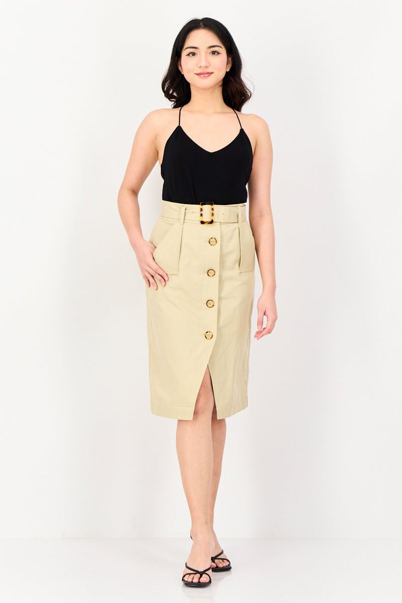 SELECTED Women Plain Midi Skirt, Beige - Image 4