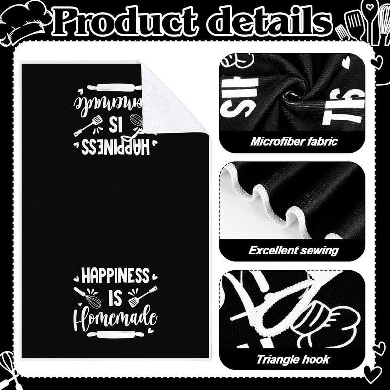 Bencailor 4 Pcs Black Kitchen Towels Happiness Dish Towels Heart of the Home Quote Decorative Hand Tea Dishcloths with Hanging Loop for Home Housewarming Gift Funny Kitchen Decor Accessories - Image 5