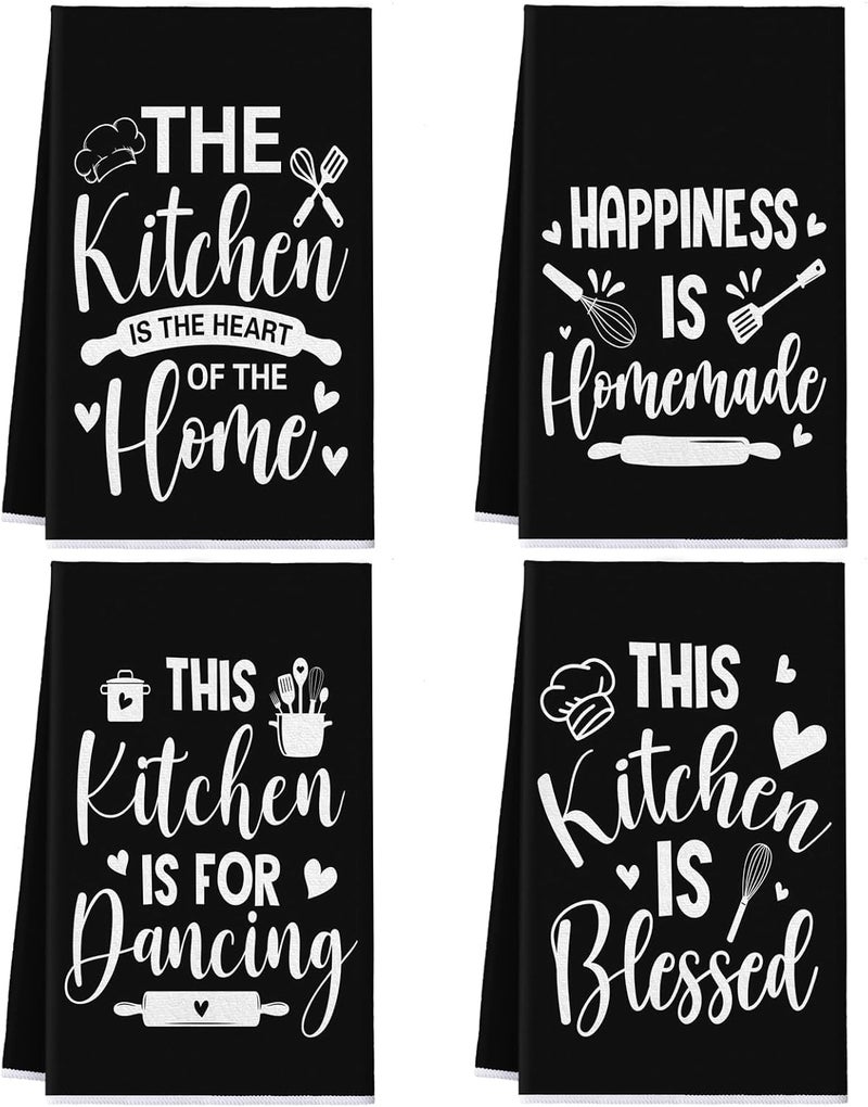 Bencailor 4 Pcs Black Kitchen Towels Happiness Dish Towels Heart of the Home Quote Decorative Hand Tea Dishcloths with Hanging Loop for Home Housewarming Gift Funny Kitchen Decor Accessories - Image 1