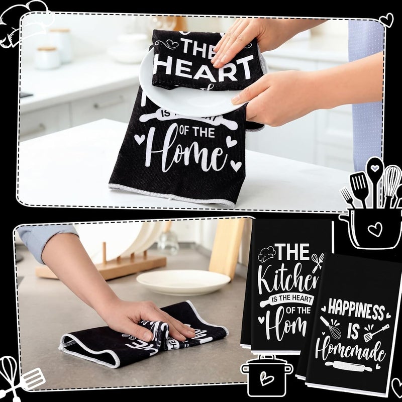 Bencailor 4 Pcs Black Kitchen Towels Happiness Dish Towels Heart of the Home Quote Decorative Hand Tea Dishcloths with Hanging Loop for Home Housewarming Gift Funny Kitchen Decor Accessories - Image 2