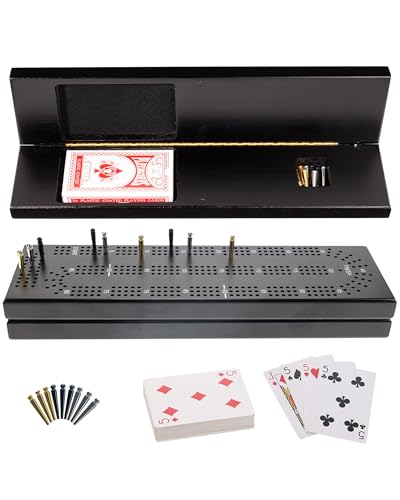 WE Games Wooden Cribbage Board Game Set with Storage Black Stained Continuous 3 Track Card Game for 23 Players - Image 1