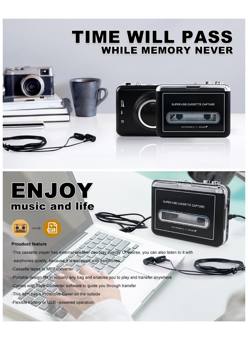 Portable Cassette to MP3 Digital Converter - Clear Stereo & Auto Reverse Cassette Player with Detachable External Speaker - Convert Tapes to Digital Format via USB-Compatible with MAC Laptops & PC