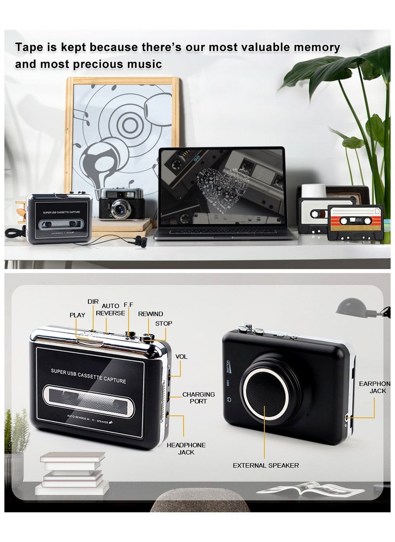 Portable Cassette to MP3 Digital Converter - Clear Stereo & Auto Reverse Cassette Player with Detachable External Speaker - Convert Tapes to Digital Format via USB-Compatible with MAC Laptops & PC