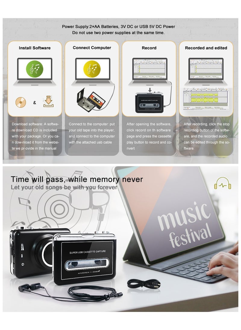 Portable Cassette to MP3 Digital Converter - Clear Stereo & Auto Reverse Cassette Player with Detachable External Speaker - Convert Tapes to Digital Format via USB-Compatible with MAC Laptops & PC