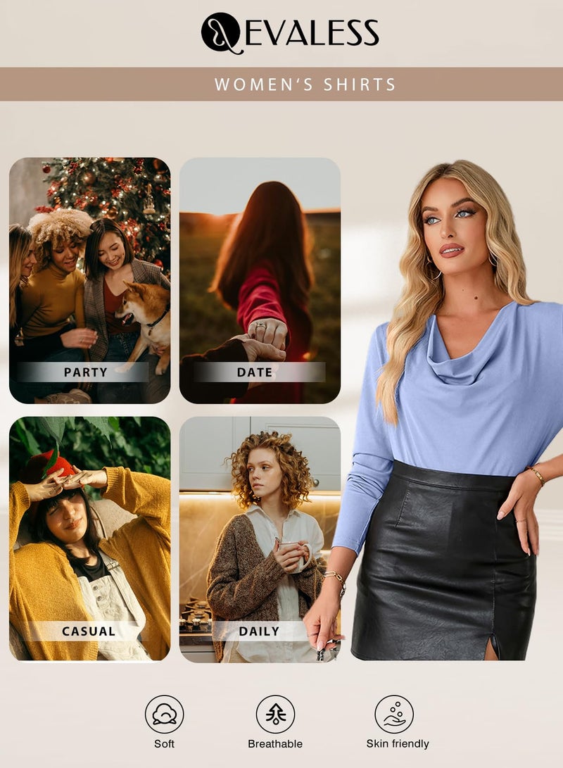 EVALESS Elegant Tops for Women Long Sleeve Cowl Neck Shirts Spring Comfortable Wrap Outfits for Women Sky Blue Going Out Formal Blouses Tops Fashion Draped Outfits Halloween Christmas 2026, Medium - Image 5